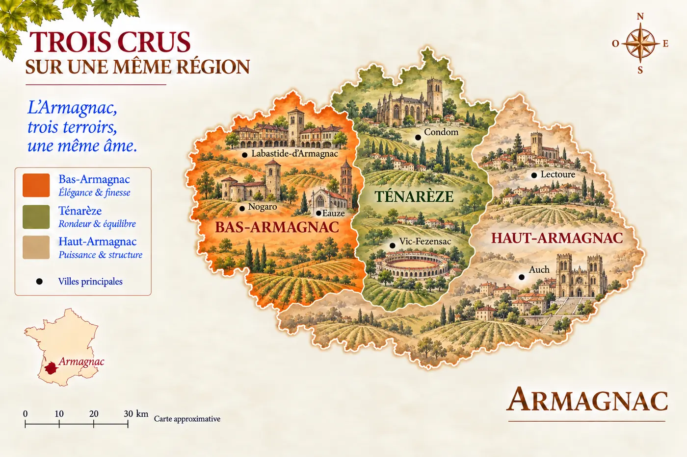 Carte des trois crus d'Armagnac : Bas-Armagnac, Ténarèze et Haut-Armagnac