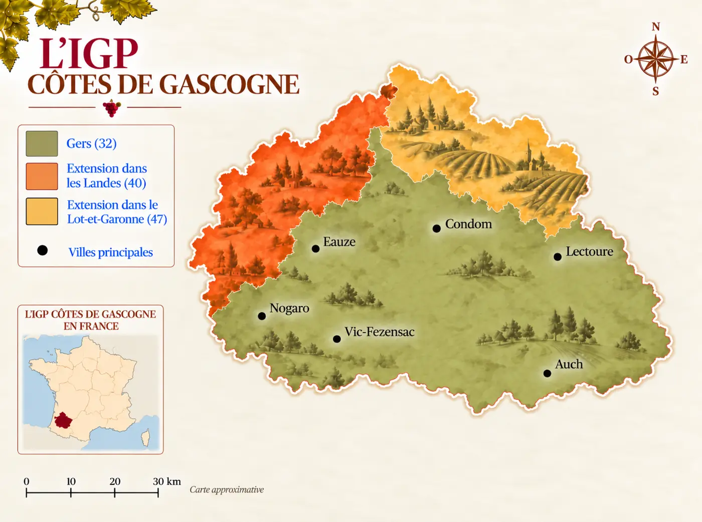 Carte de l'aire IGP Côtes de Gascogne : le Gers et ses extensions dans les Landes et le Lot-et-Garonne